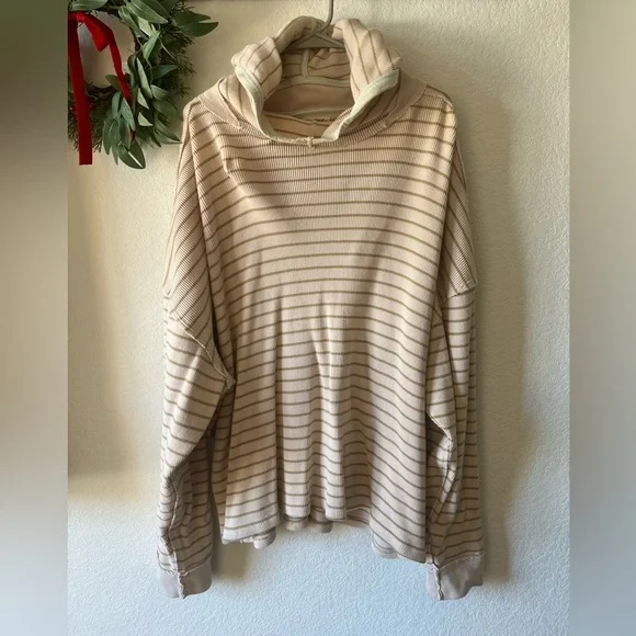 Free People blush, beige, striped tunic pullover hooded waffle knit top XL - Picture 1 of 7
